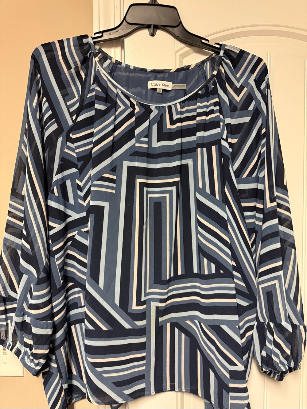 Calvin Klein Navy, Light Blue & White Geometric Blouse - Women's Top